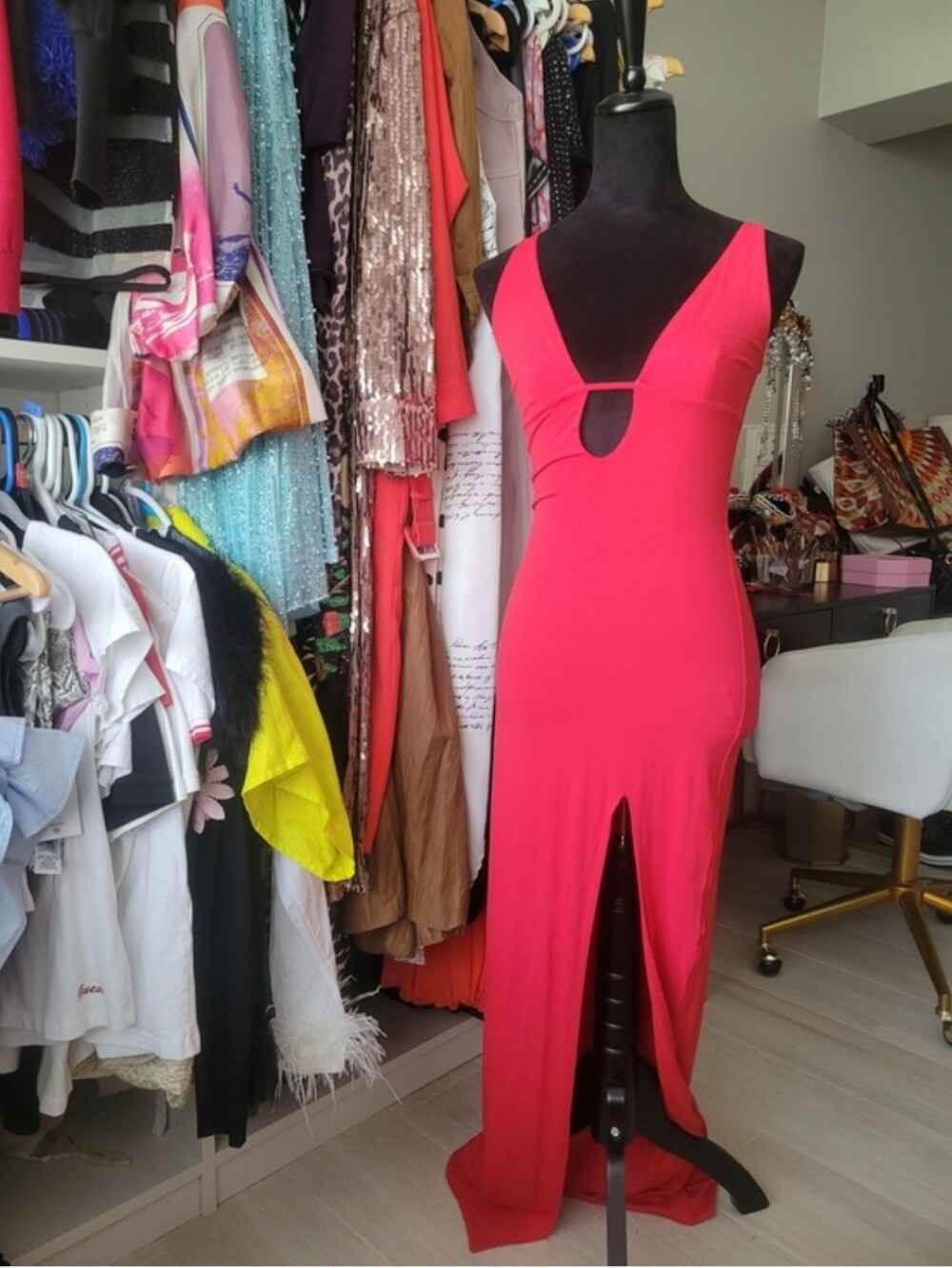 Oh Polly Hot Pink V-Neck Maxi Dress with Front Slit